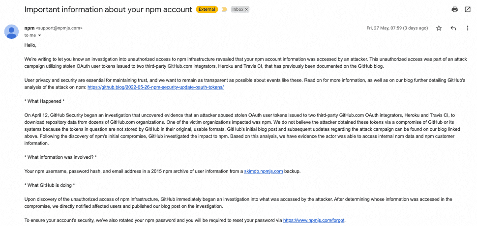 Screenshot of the breach notification email from npm