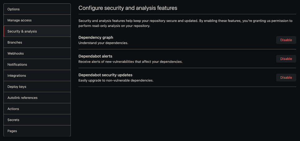 Image of Repository settings on GitHub