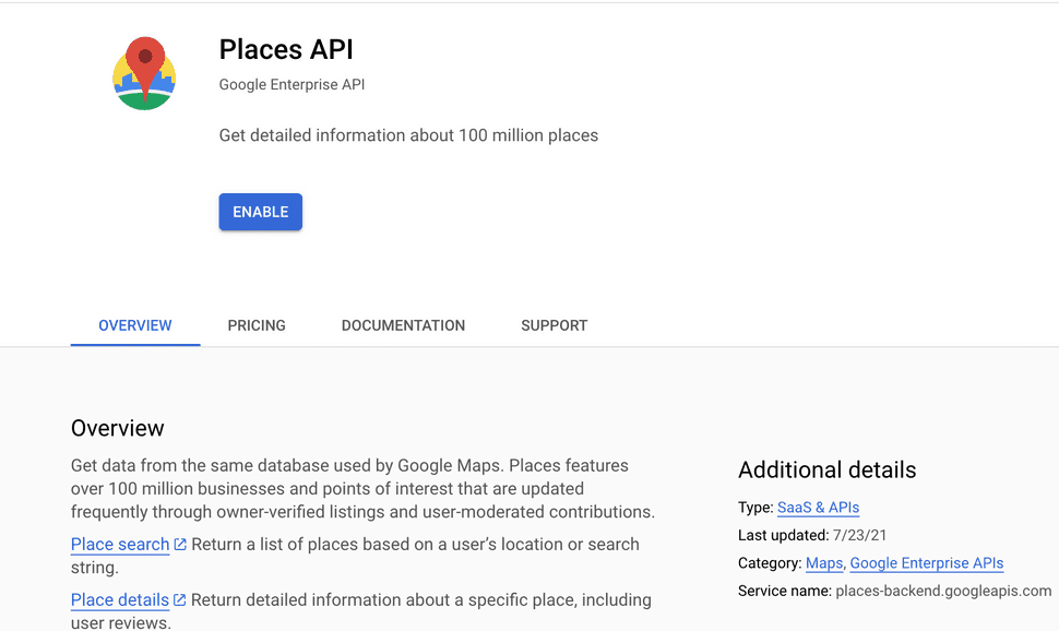 Enable Google Places API