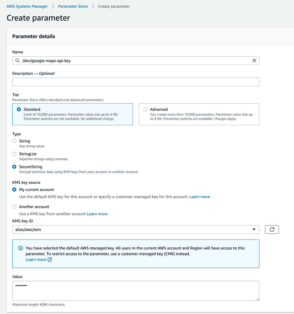 Create parameter in AWS Systems Manager